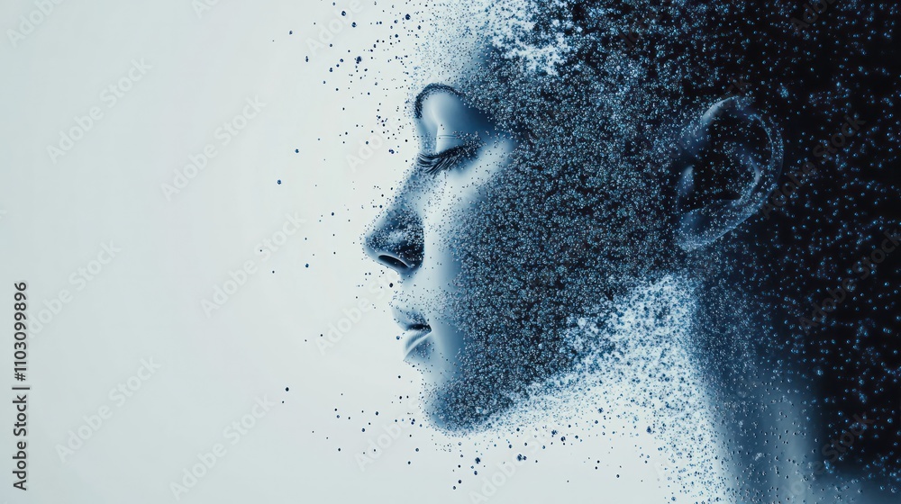 Poster a human face dissolving into particles and data streams, illustrating the concept