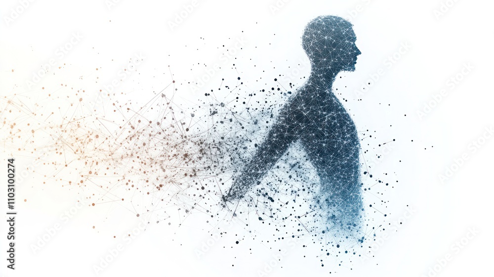 Poster a human face dissolving into particles and data streams, illustrating the concept