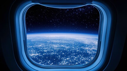 Naklejka premium View of Earth Through Spacecraft Window at Night