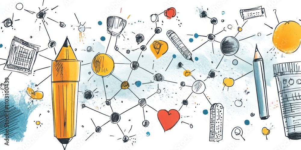 Poster a colorful illustration depicting interconnected ideas and objects related to creativity and science