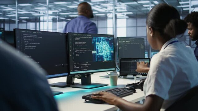 Engineer in data center implementing advanced AI driven predictive maintenance systems to proactively identify and resolve potential hardware failures before they impact operations, camera A
