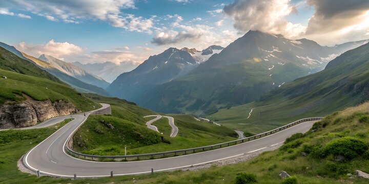 Scenic winding road through green mountains during twilight hours