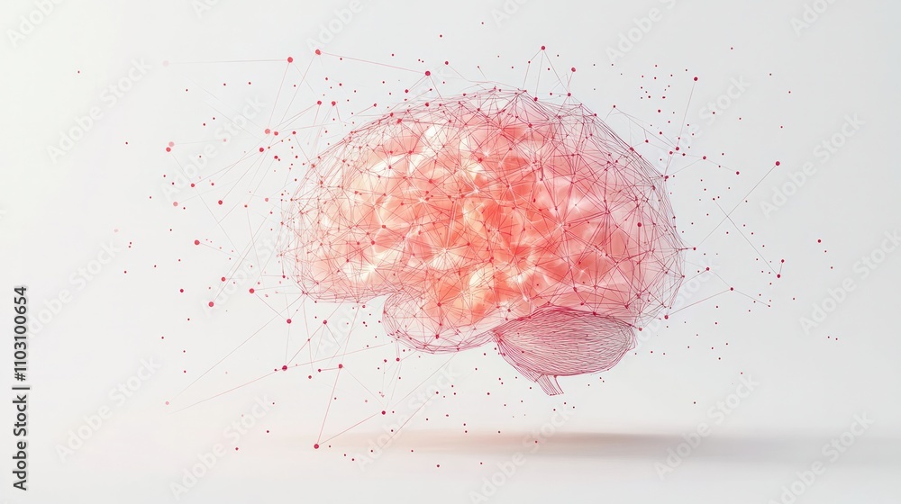 Poster a human brain with neural connections displayed as quantum lines and dots,