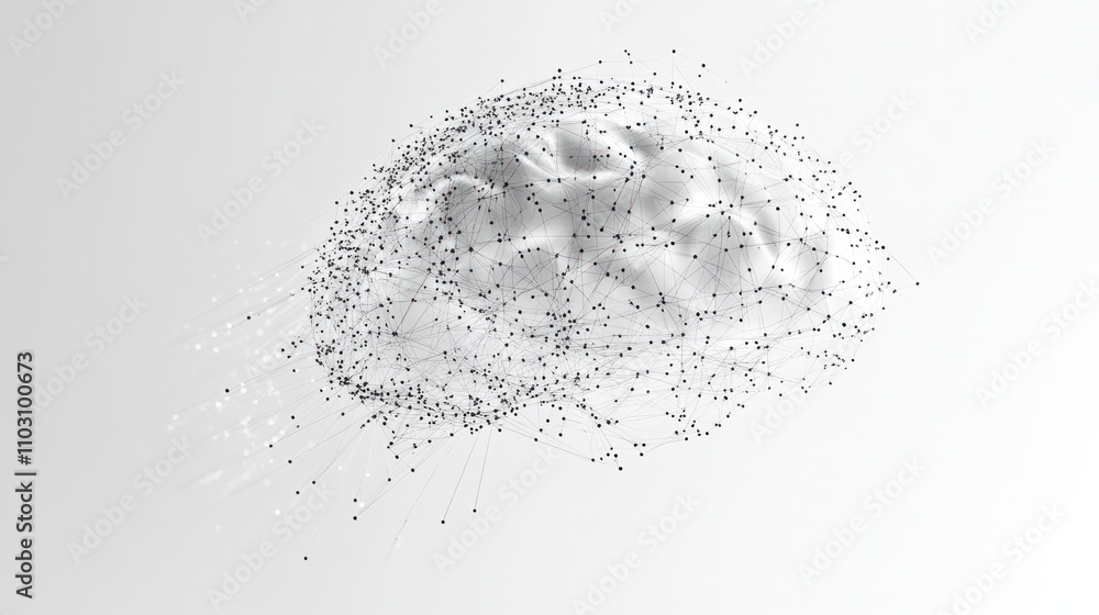 Poster a human brain with neural connections displayed as quantum lines and dots,