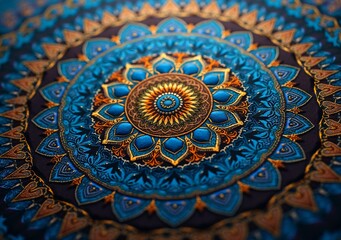 Fototapeta premium Vibrant mandala pattern featuring intricate designs and rich colors in blue and gold
