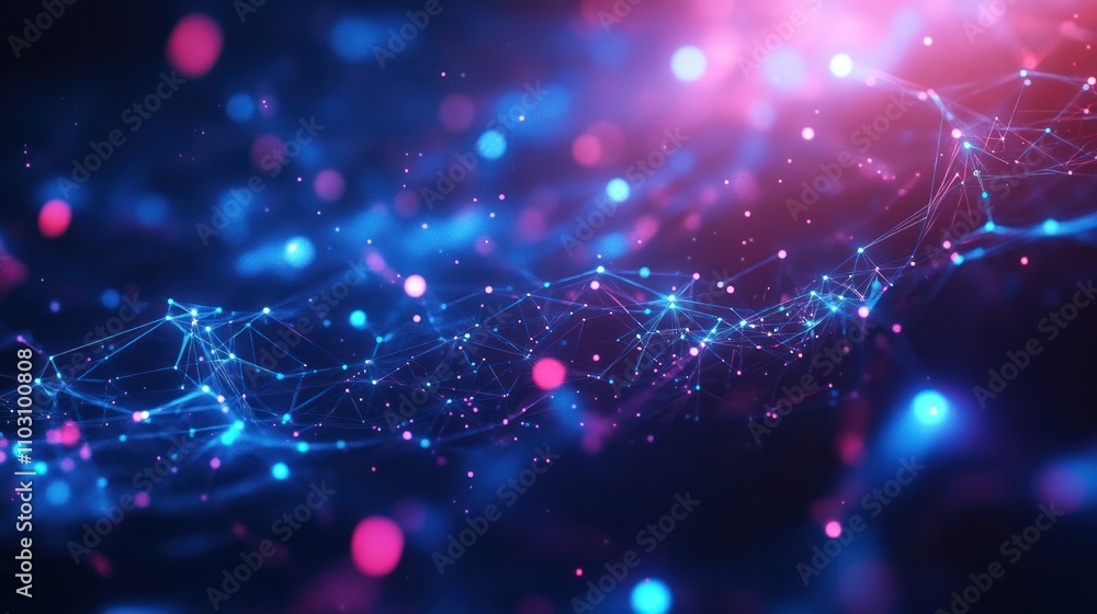 Poster futuristic light particles spreading through a web of quantum nodes with a dark to light gradient ba