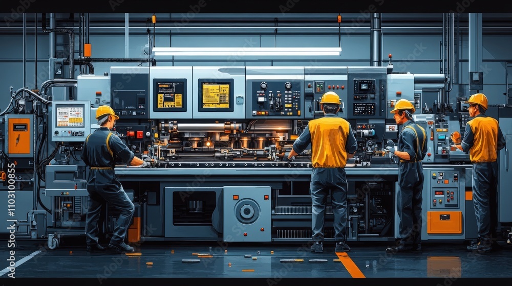 Poster industrial workers collaborating on a high-tech manufacturing machine in a modern factory setting, s