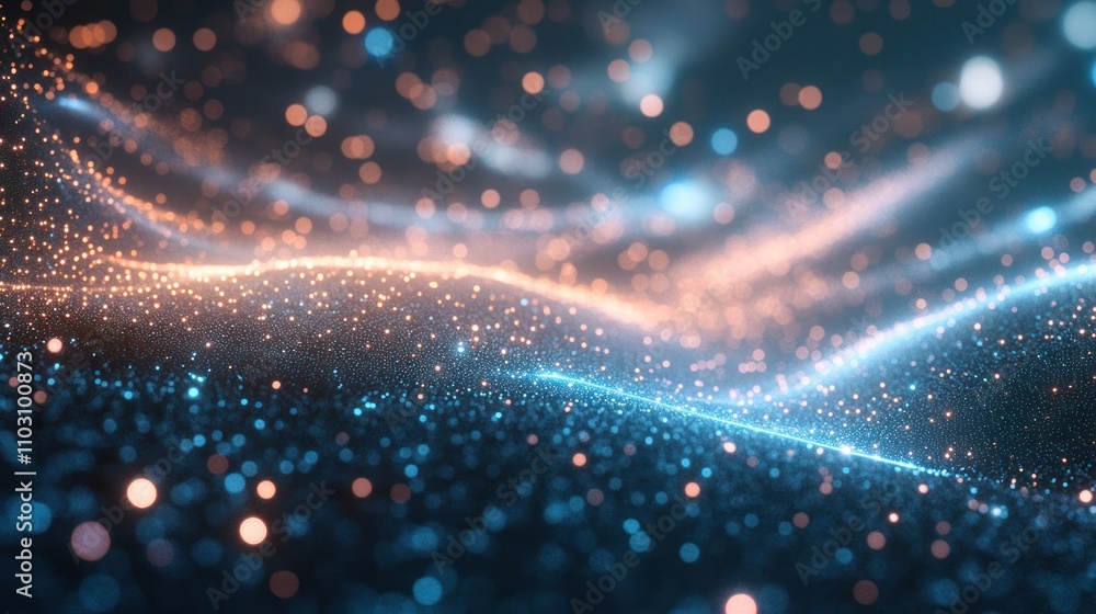 Poster futuristic light particles spreading through a web of quantum nodes with a dark to light gradient ba