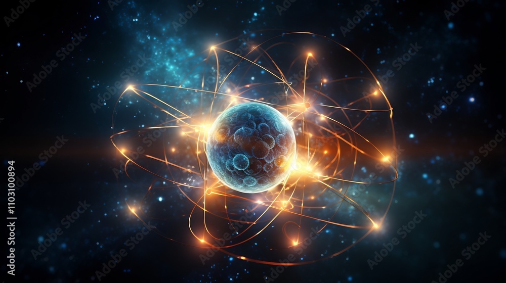 Poster glowing atomic nucleus surrounded by orbiting electrons in a detailed scientific depiction of subato