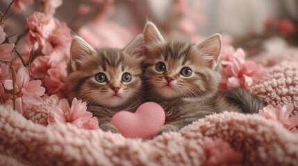 Two fluffy kittens nestled among pink flowers, holding a heart shape, symbolizing love and warmth in a soft and cozy setting.