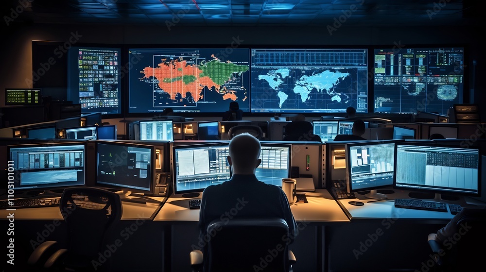 Poster technicians working in a highly sophisticated nuclear control room monitoring critical data and maki