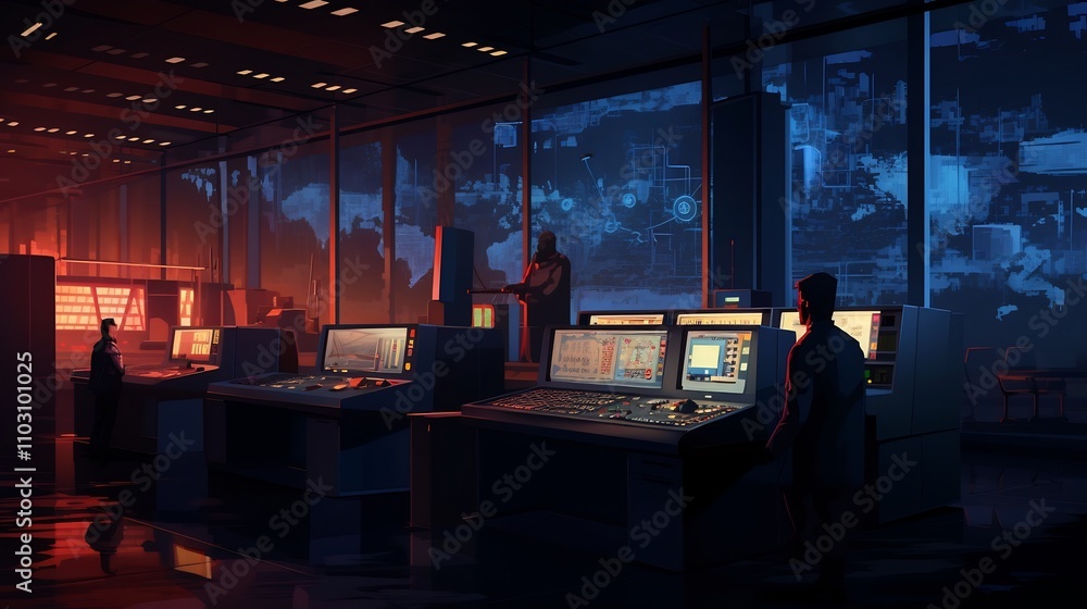 Aufkleber highly sophisticated nuclear control room featuring complex monitors panels and engineers analyzing 