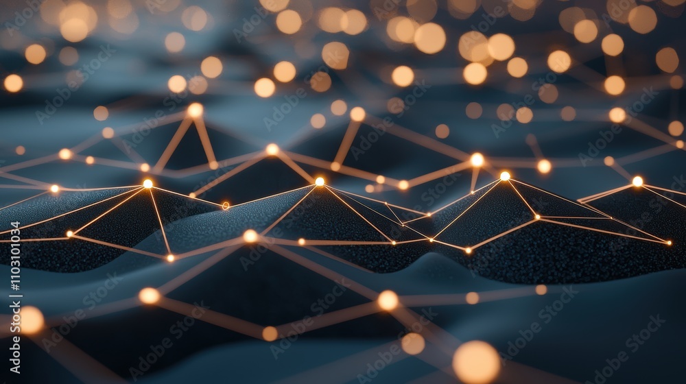 Poster a complex network of interconnected nodes and glowing lines spanning across a dark blue background, 