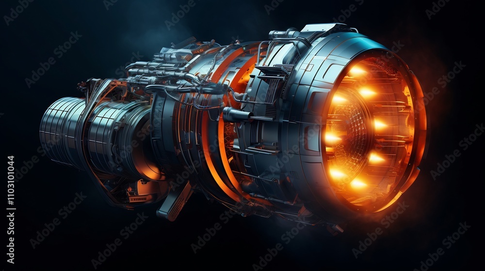 Poster conceptual of a nuclear powered spacecraft with glowing luminous engines for interstellar and advanc