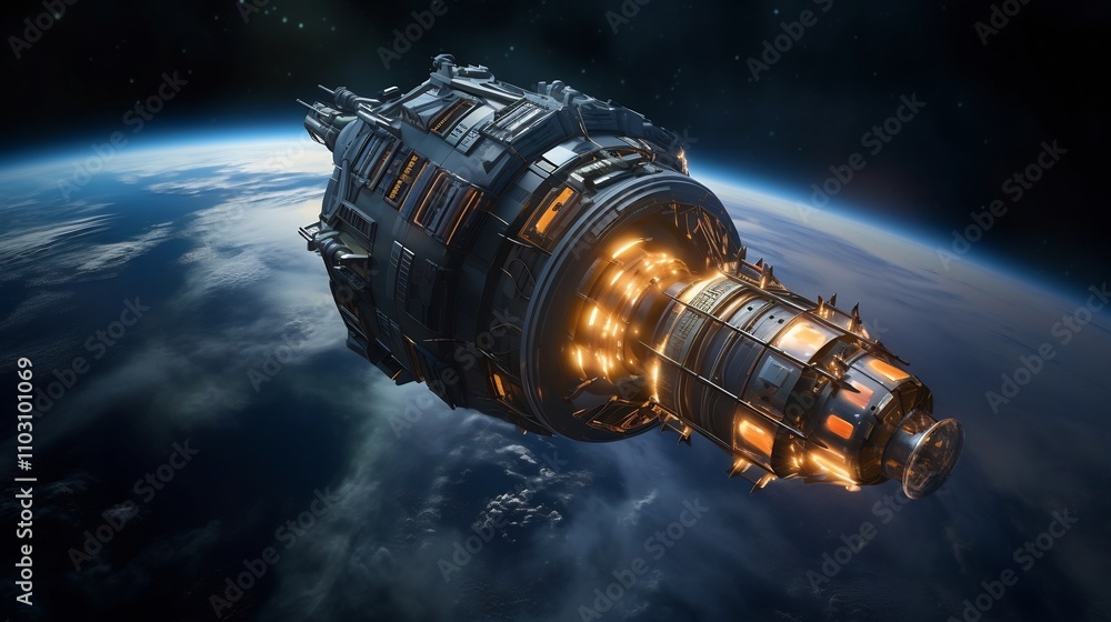 Poster a conceptual design of a nuclear powered spacecraft with glowing luminous engines showcasing the adv