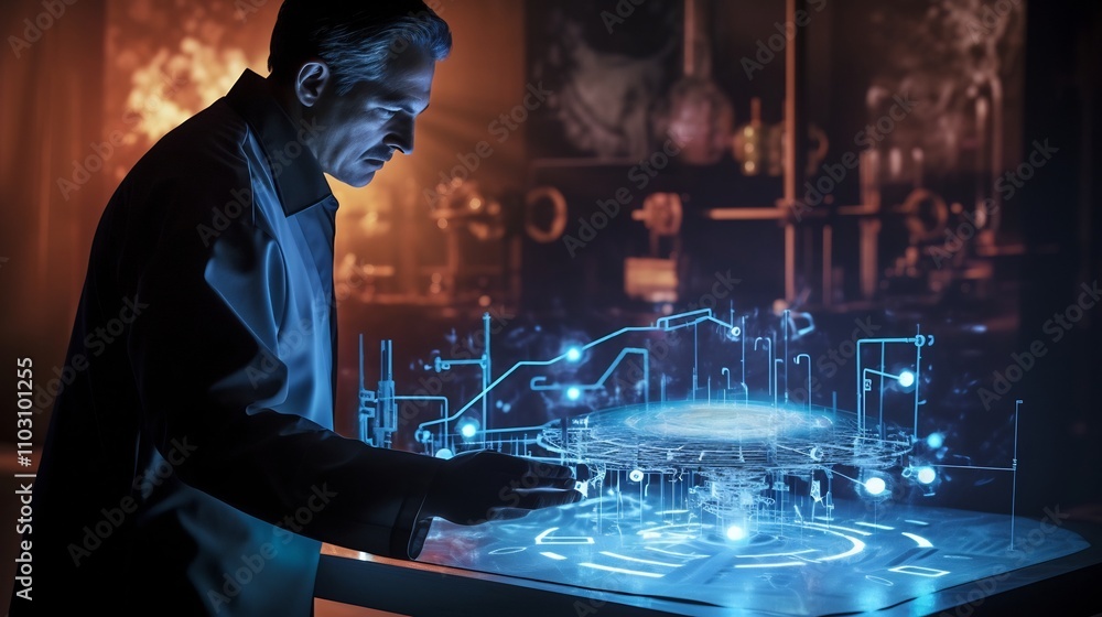 Poster scientist examining and analyzing a holographic 3d model of a nuclear reactor on a digital display f