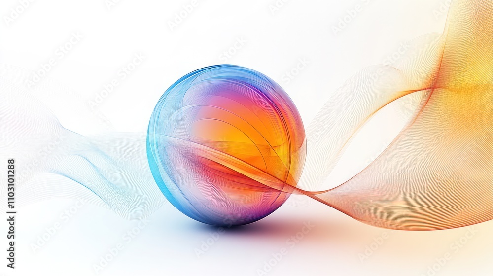 Poster a smooth spherical object surrounded by quantum waves and light trails, representing the uncertainty