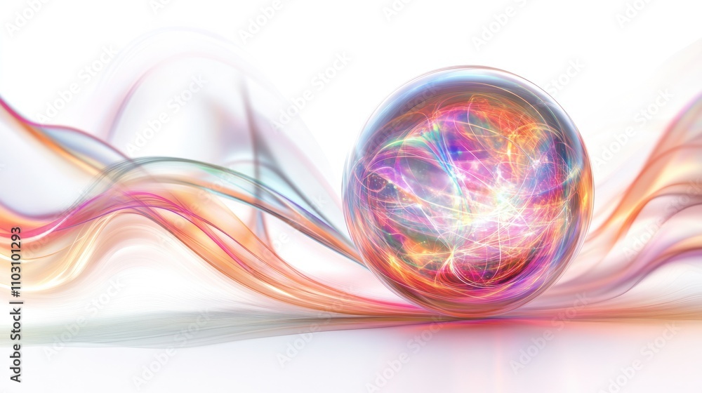 Poster a smooth spherical object surrounded by quantum waves and light trails, representing the uncertainty