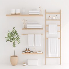Fototapeta premium 2409_125.An assortment of whole, bathroom storage ladders,isolate, perfect top-down view, showcasing diverse varieties, arranged with space around each bathroom storage ladders, no sides visible,