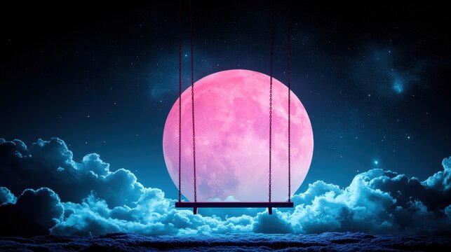A lone swing set suspended from a giant, glowing moon against a backdrop of swirling nebula clouds and distant galaxies, evoking a sense of wonder and childhood dreams.