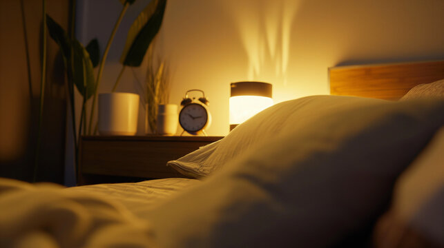 Serene bedroom with cozy bed, soft pillows, and dim lighting. Nightstand clock shows late hour, highlighting the importance of good sleep habits in a quiet room.