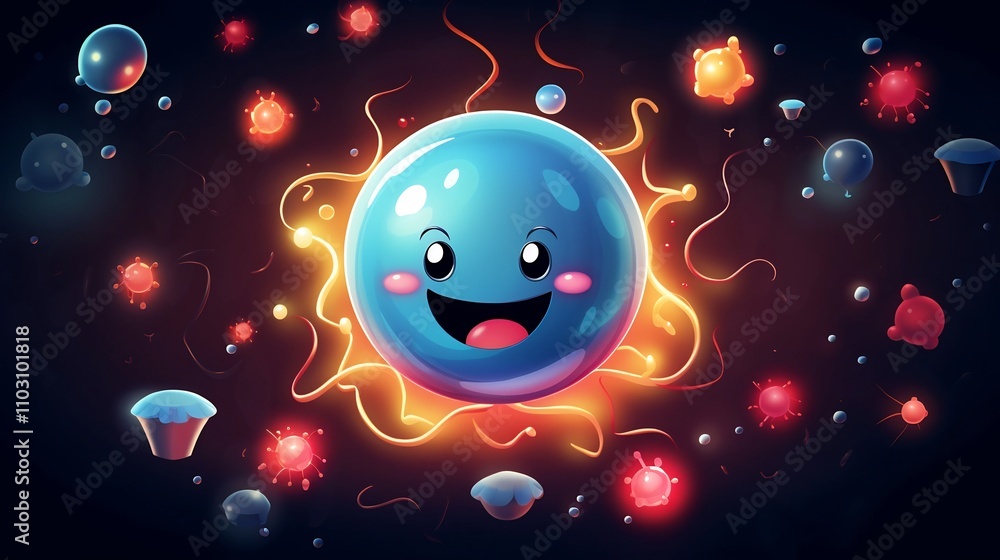 Poster cheerful cartoon atom nucleus with orbital electrons illustrating the structure of an atom for scien