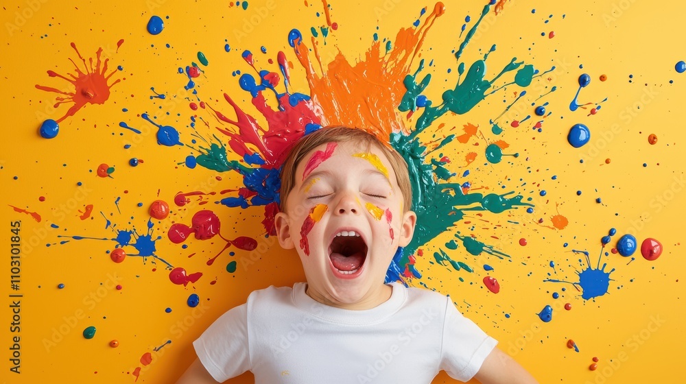 Aufkleber a child face emerging from a canvas splattered with colorful paint, their expression a mixture of wo