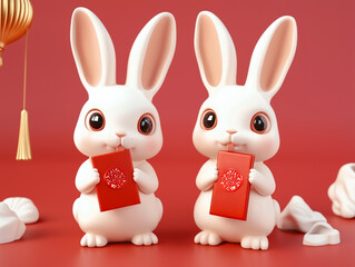3D cute rabbit in Chinese Costume: 
3D render two Chinese Rabbit holding red envelope