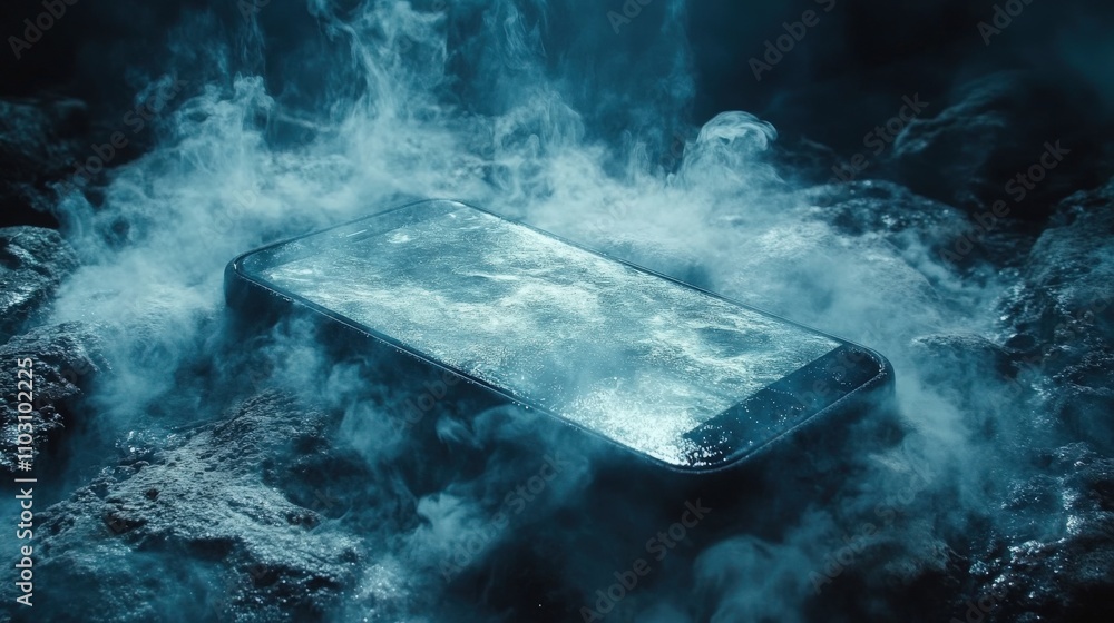 Poster mysterious smartphone in water and fog surrounded by dark rocks creating an enigmatic and atmospheri