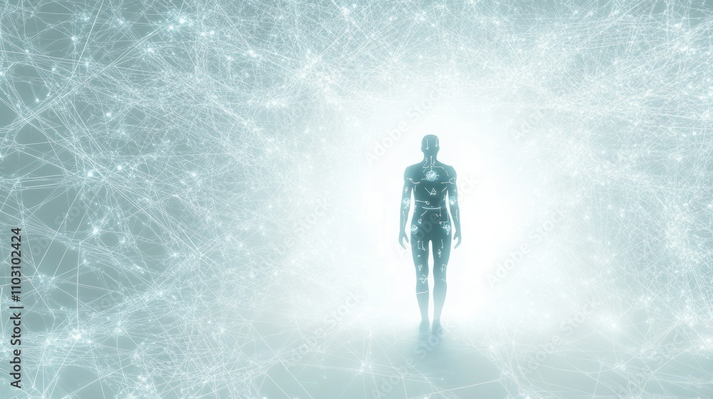 Poster a human face dissolving into particles and data streams, illustrating the concept