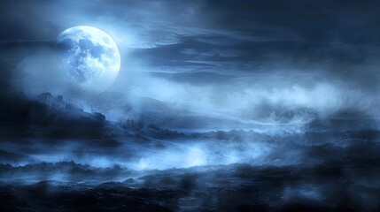A Full Moon Illuminates A Foggy Night Landscape