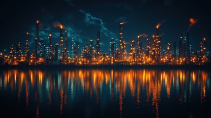 Fototapeta premium Stunning Night Scene of an Industrial Complex with Brilliant Lights Reflecting in Water Under a Dark Sky, Capturing the Essence of Modern Industry and Technology