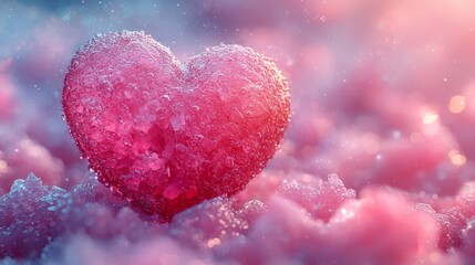 Obraz premium A beautifully detailed ice heart resting on a frosty pink surface, capturing a moment of delicate beauty and transient emotions.