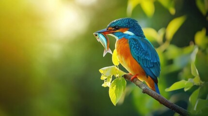 A vibrant blue, orange, and yellow bird perched gracefully on a sturdy branch, showcasing its colorful feathers