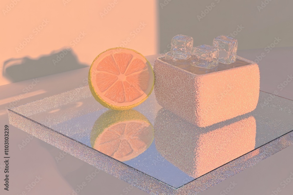 Poster a stylized arrangement featuring a lemon slice and ice cubes on a reflective surface.
