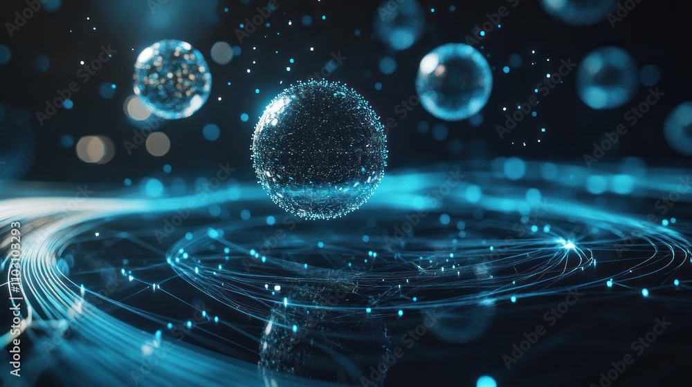 Poster particles floating above a sleek surface with holographic data points and futuristic circuits surrou