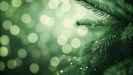 Handdoek met foto Meisjeskamer A close-up of a pine branch with soft, green bokeh lights in the background. a dreamy, festive atmosphere. Banner dark decorated christmas tree pine on blurred background bokeh light  © Artfinity