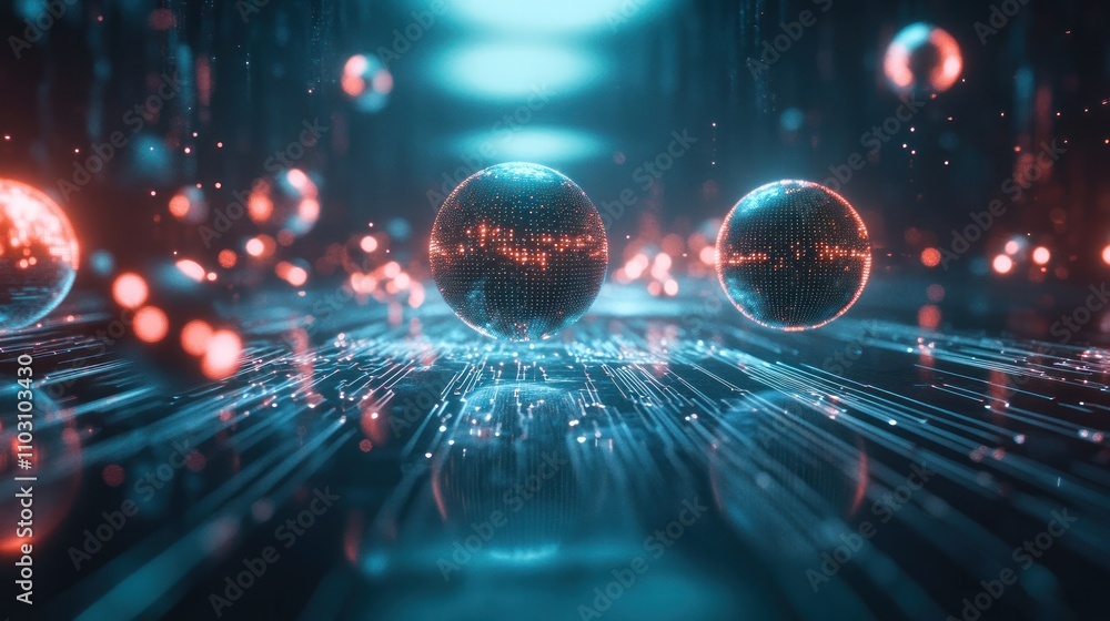 Poster particles floating above a sleek surface with holographic data points and futuristic circuits surrou