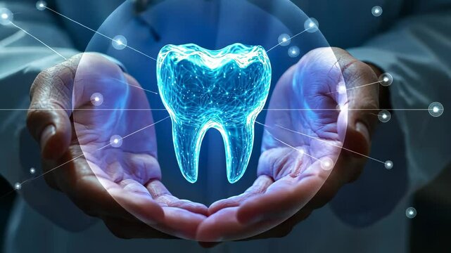 Tooth detailed digital AR VR rendering shows a glowing white teeth surrounded by microscopic elements, highlighting the beauty and significance of maintaining excellent dental health and hygiene