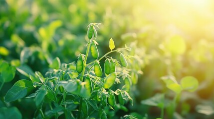 Obraz premium organic green pea pods growing on bushes in sunny light. Plant of legumes in summer garden background