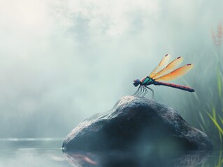 .colorful dragonfly perched on a rock in a misty, atmospheric environment - ai