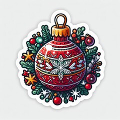 Festive red ornament with intricate design surrounded by holly and stars