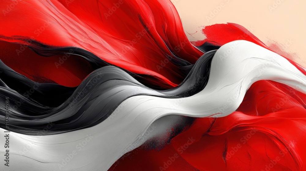 Poster abstract waves of red, black, and white creating a dynamic flowing design with swirling textures and