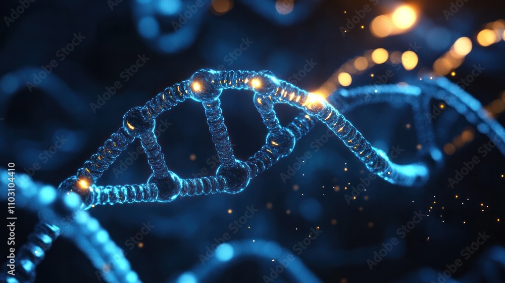 Poster a dna strand with transparent hexagonal elements interlinked around it in a network pattern on a lig