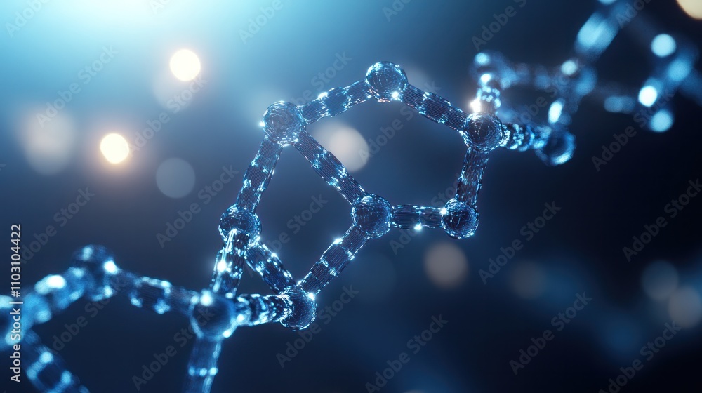 Poster a dna strand with transparent hexagonal elements interlinked around it in a network pattern on a lig