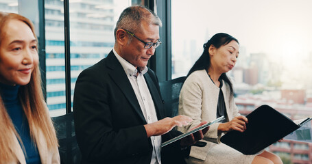 Business people, project and collaboration in office for planning, discussion and company financial review. Japan, stakeholder and executive conference for investment proposal, teamwork and feedback