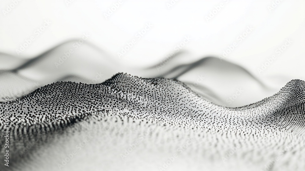 Poster particle wave duality visualized as layered waves and particles radiating outward, floating in space