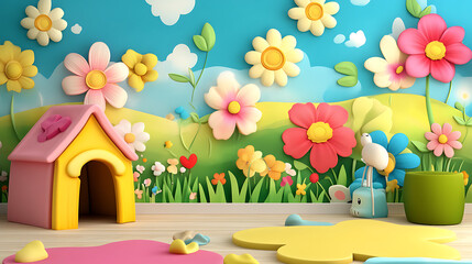 A charming wallpaper featuring lovable cartoon flowers in a delightful setting 