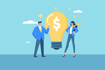 Untitled-2Idea pitching and entrepreneurship funding concept featuring a businessman presenting a money idea represented by a lightbulb during a venture capital meeting. Symbolizes startup funding