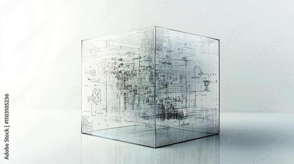 Poster mechanics, featuring a transparent cube with mathematical formulas and graphs projected onto its sur